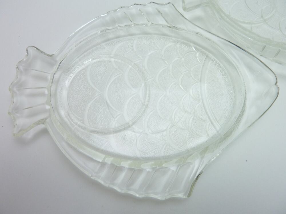 Vintage Clear Glass Fish Plates Set 5 Mid Century Snack Tray